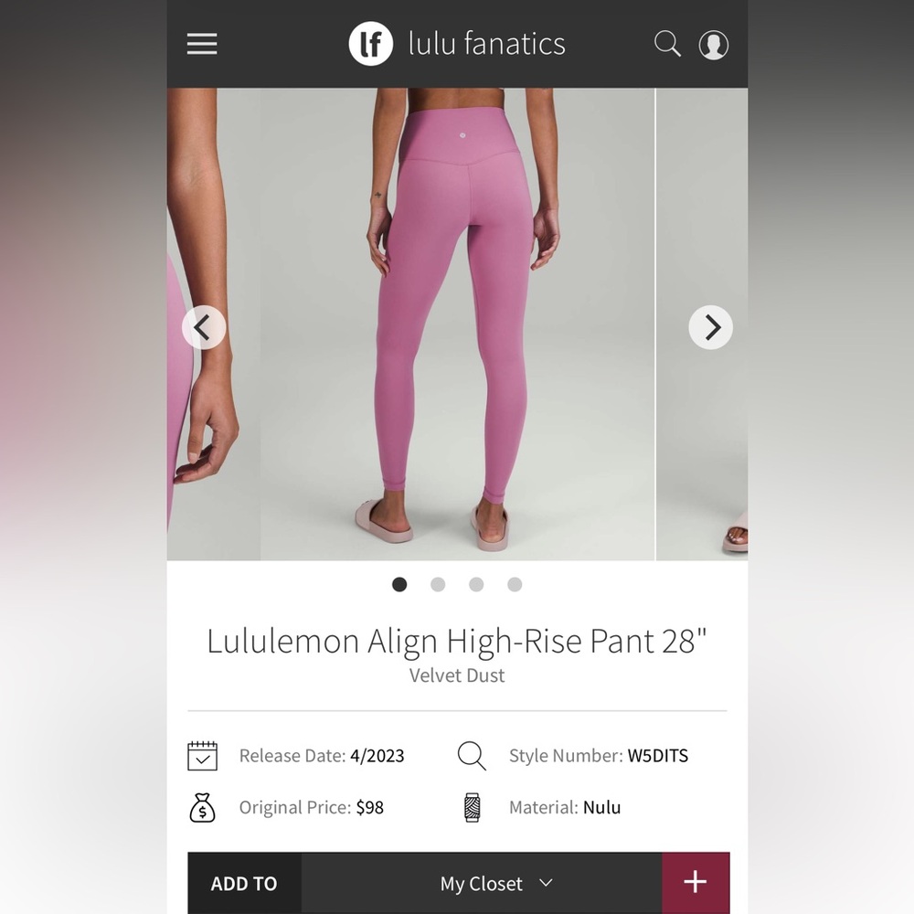 Lululemon Velvet Dust Aligns 28 inch sz 10